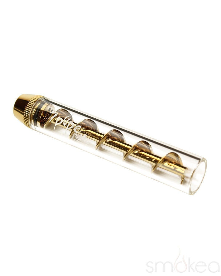 Close-up of 7 Pipe Twisty Glass Blunt showing gold spiral auger and gold twist cap