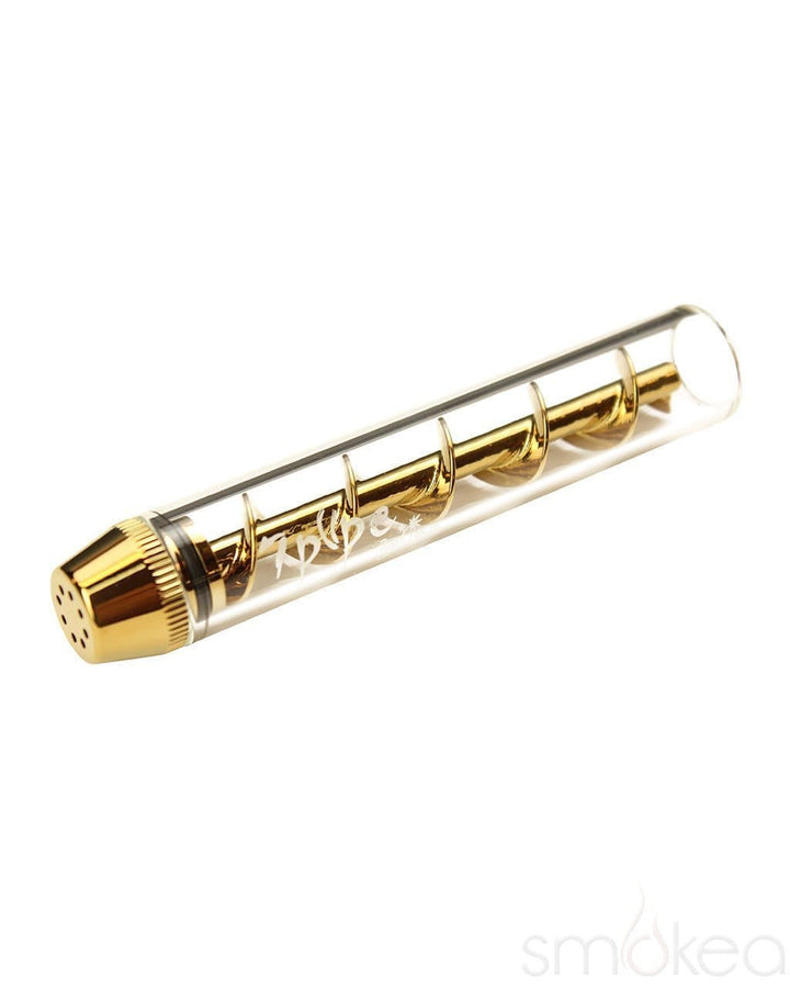 7 Pipe Twisty Glass Blunt showing perforated gold mouthpiece cap and spiral auger