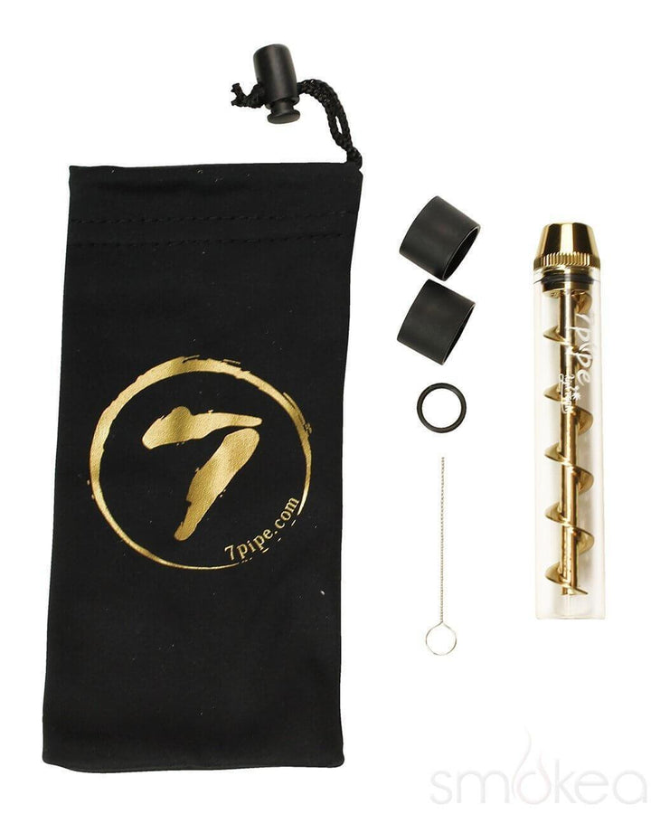 7 Pipe Twisty Glass Blunt kit with glass tube, gold auger, extra caps, cleaning tool, and 7Pipe drawstring pouch
