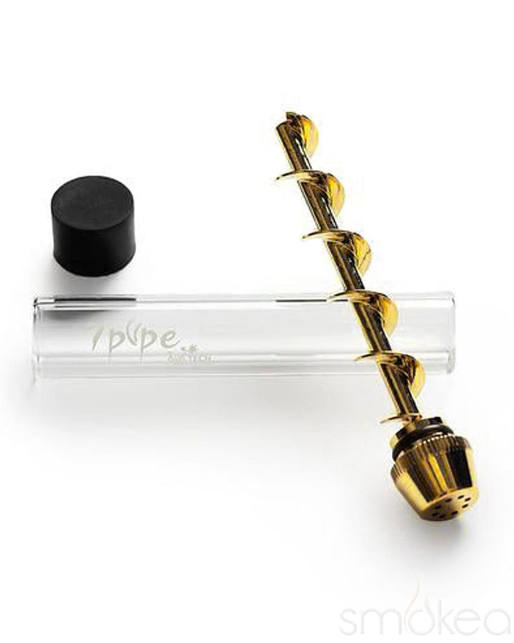 Disassembled 7 Pipe Twisty Glass Blunt showing glass tube, gold spiral auger, and black end cap