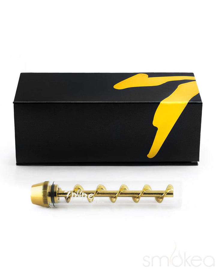 7 Pipe Twisty Glass Blunt with gold spiral auger next to black retail packaging box