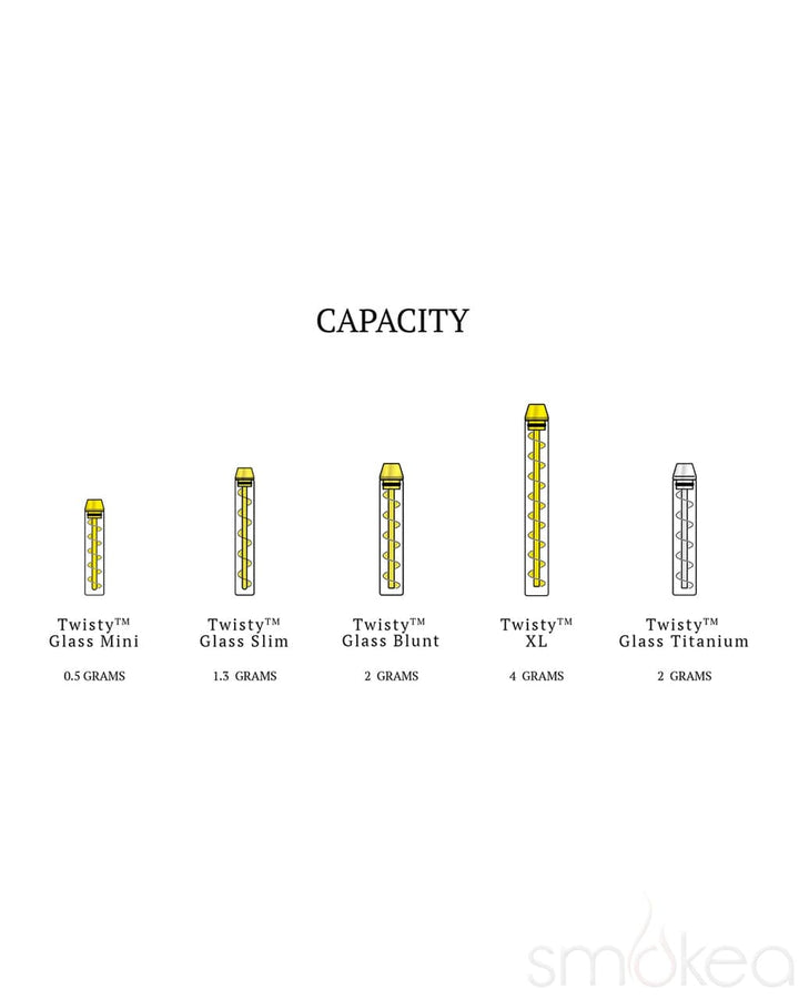 Capacity comparison chart showing 7 Pipe Twisty Glass Blunt holds 2 grams versus Mini, Slim, XL, and Titanium sizes
