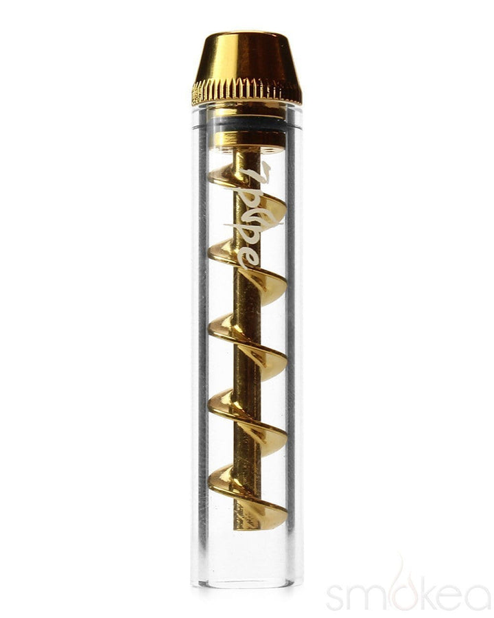 7 Pipe Twisty Glass Blunt Mini standing upright with gold spiral auger and engraved logo