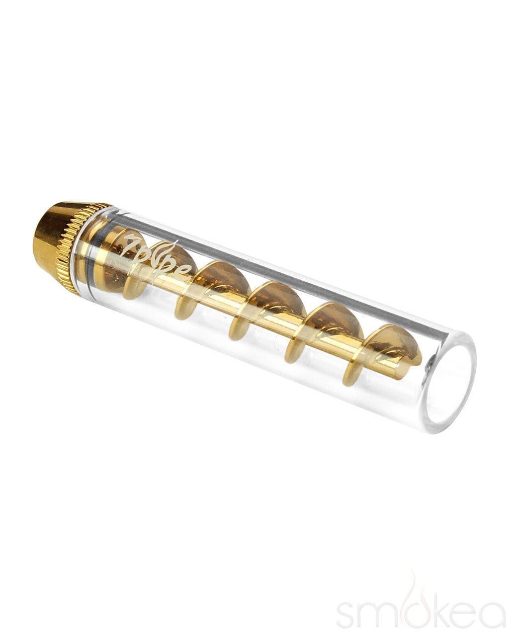Close-up of 7 Pipe Twisty Glass Blunt Mini showing gold spiral auger and engraved logo