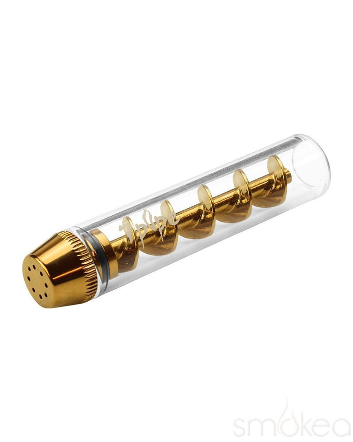 7 Pipe Twisty Glass Blunt Mini showing perforated brass mouthpiece cap and gold spiral auger