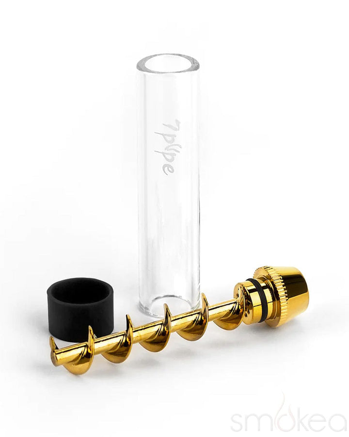 Disassembled 7 Pipe Twisty Glass Blunt Mini showing glass tube, gold spiral auger, and black cap