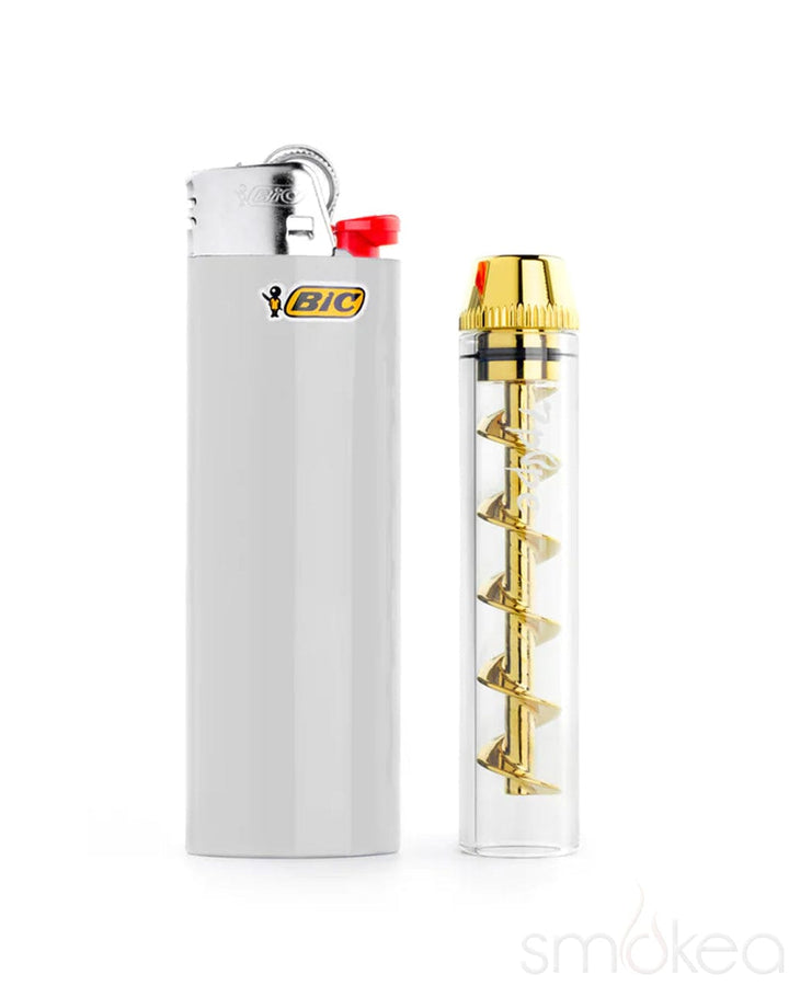 7 Pipe Twisty Glass Blunt Mini next to BIC lighter showing compact travel size