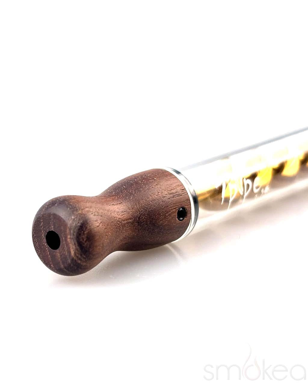 Close-up of the wood mouthpiece on the 7 Pipe Twisty Glass Blunt