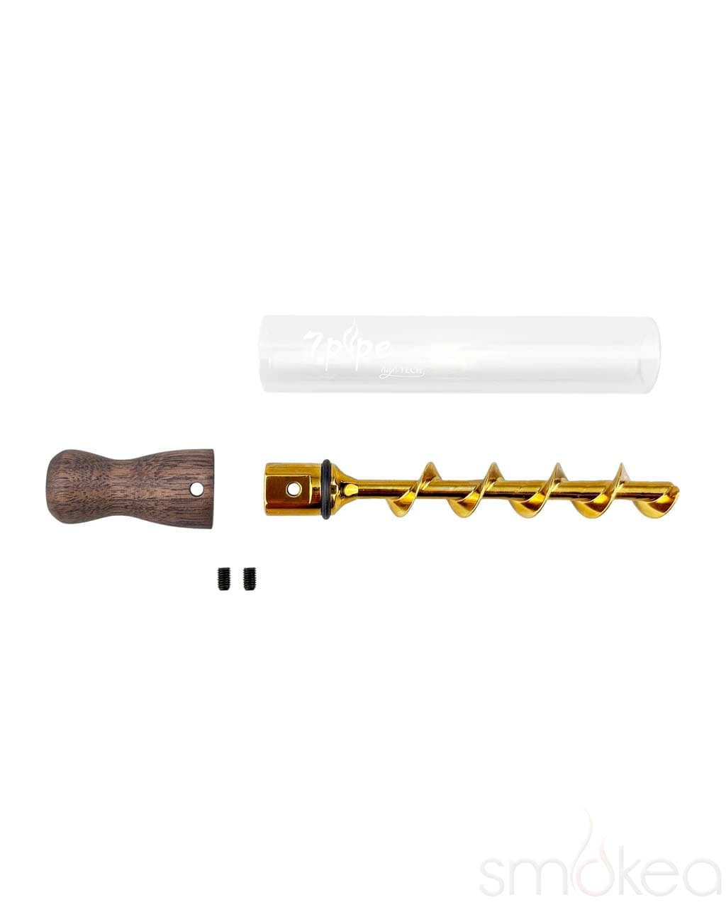 7 Pipe Twisty Glass Blunt Wood shown disassembled with glass tube, wood mouthpiece, and auger
