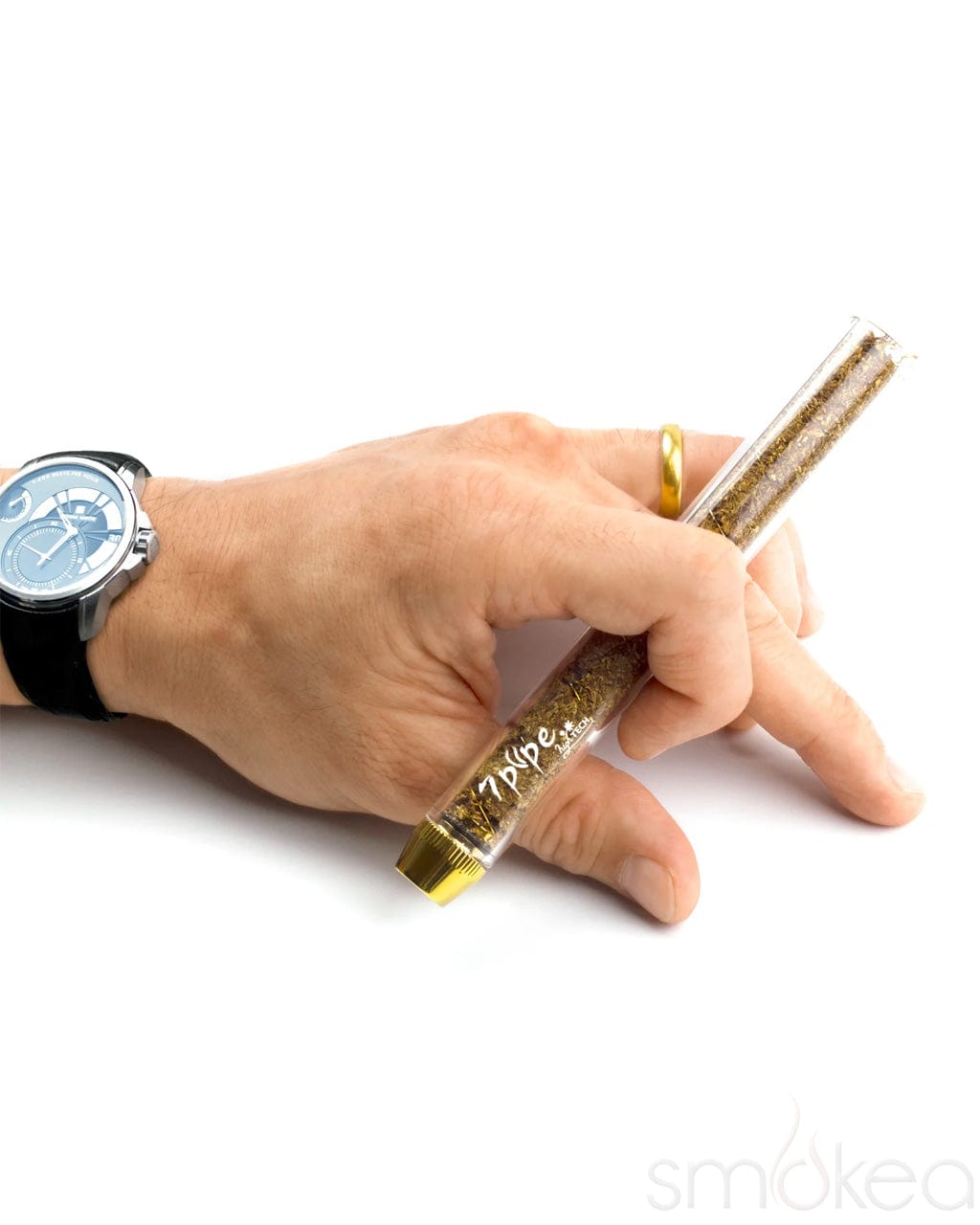 Hand holding the filled 7 Pipe Twisty Glass Blunt XL showing true size
