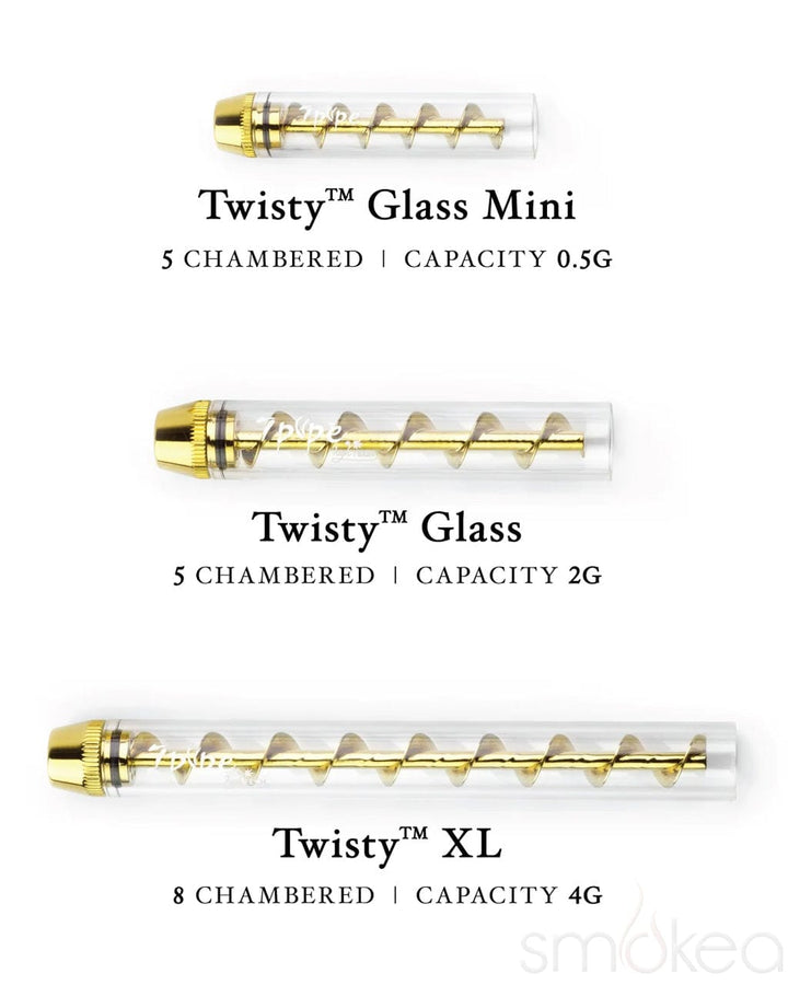 Size comparison chart of the 7 Pipe Twisty Glass Blunt Mini, Glass, and XL showing chamber count and capacity