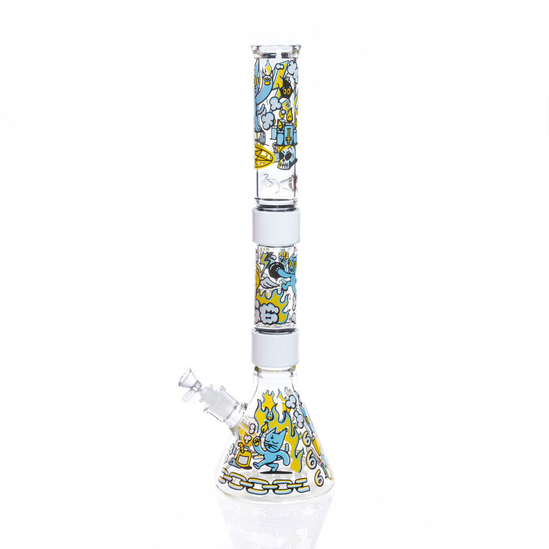 Front view of the 666 Cat Beaker Double Stack water pipe featuring devilish cat artwork by Prism