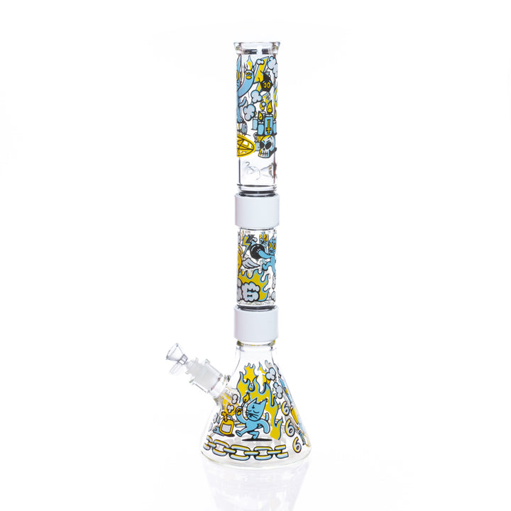 Front view of the 666 Cat Beaker Double Stack water pipe featuring devilish cat artwork by Prism