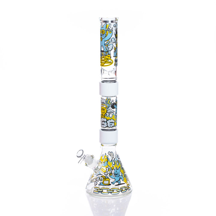 The 666 Cat Beaker Double Stack by Prism - clear glass water pipe with colorful cat graffiti art and percolator