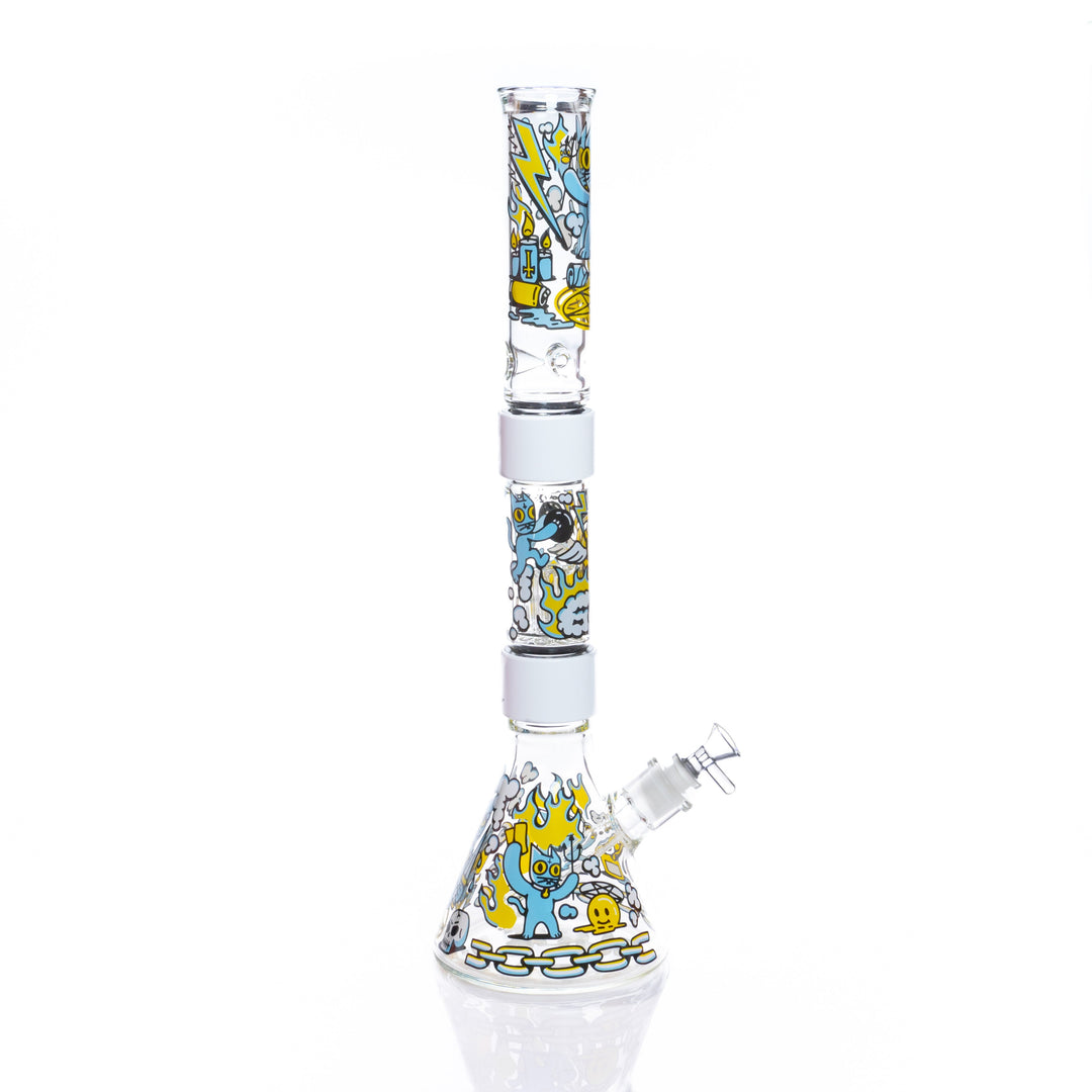Close-up of the 666 Cat Beaker Double Stack showcasing the occult-inspired cat design by Prism