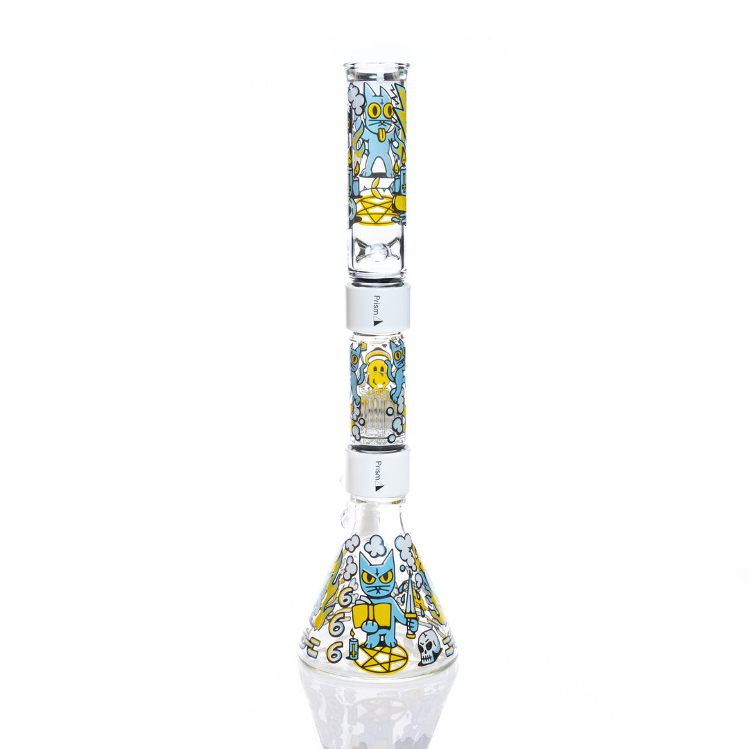 The 666 Cat Beaker Double Stack glass water pipe with flared beaker base and colorful cat decals