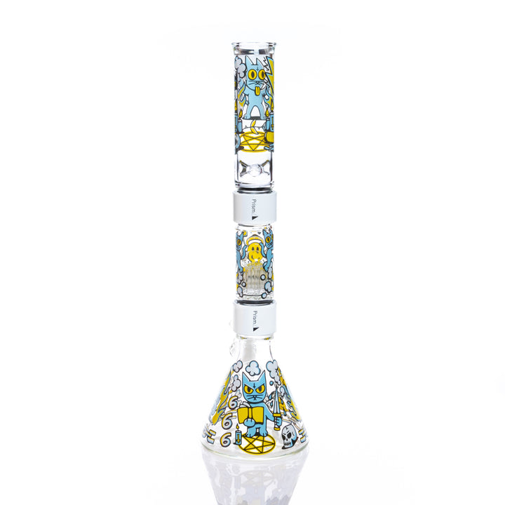 The 666 Cat Beaker Double Stack glass water pipe with flared beaker base and colorful cat decals
