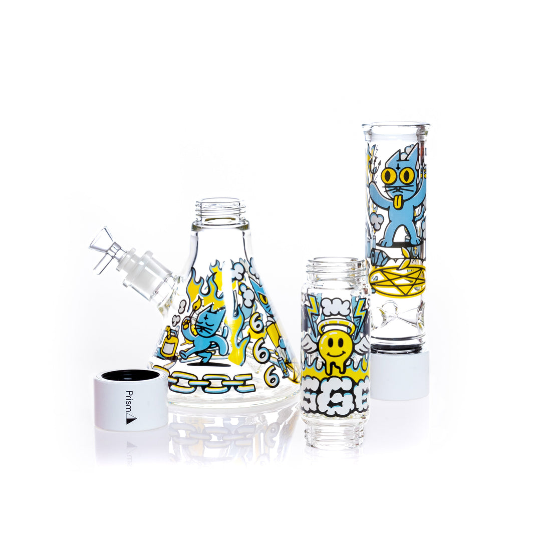 Disassembled parts of the Prism 666 Cat Beaker Double Stack modular bong - beaker base, percolator tube, and mouthpiece