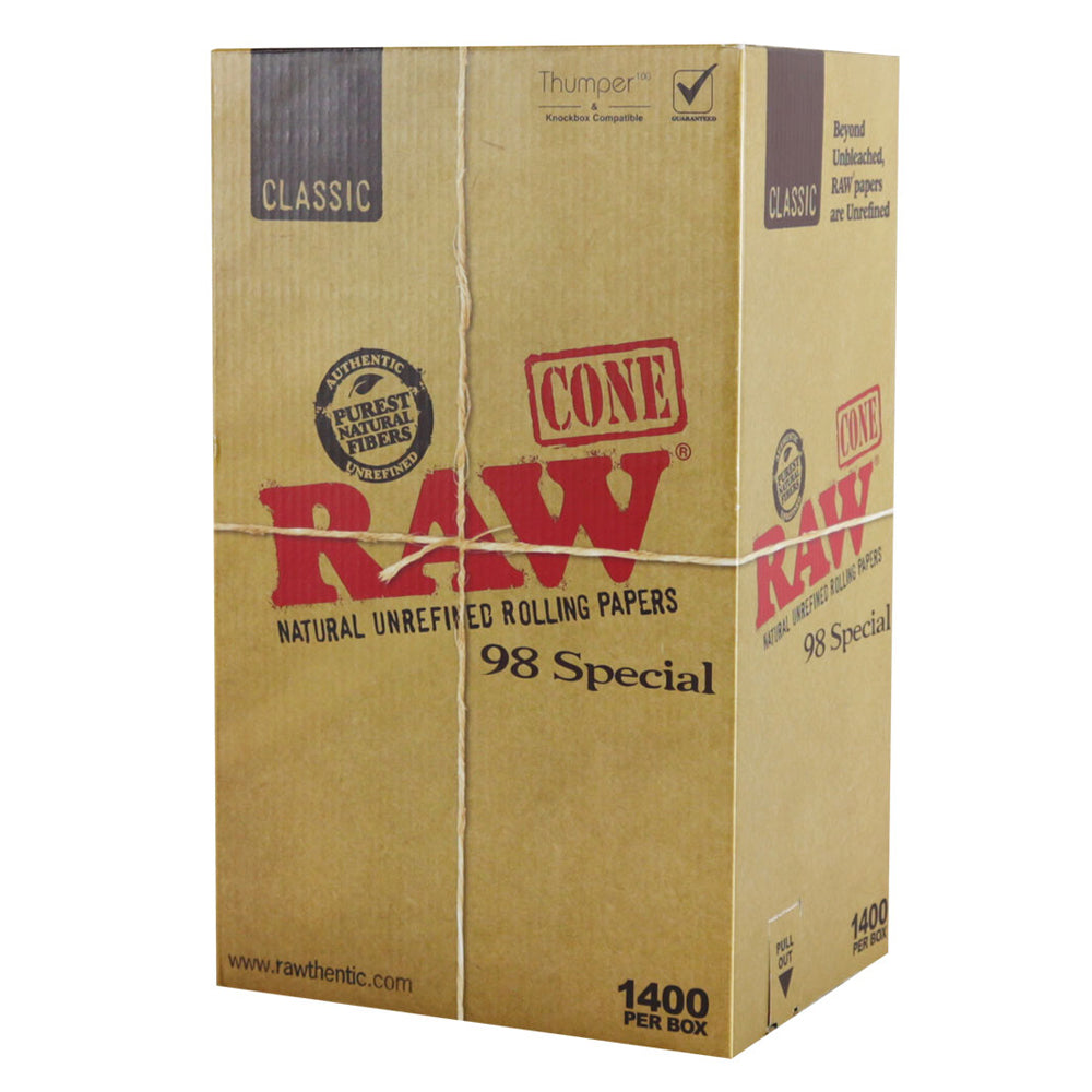 RAW Classic 98 Special Cones 1400pc bulk box - natural unrefined pre-rolled cones, Thumper and Knockbox compatible