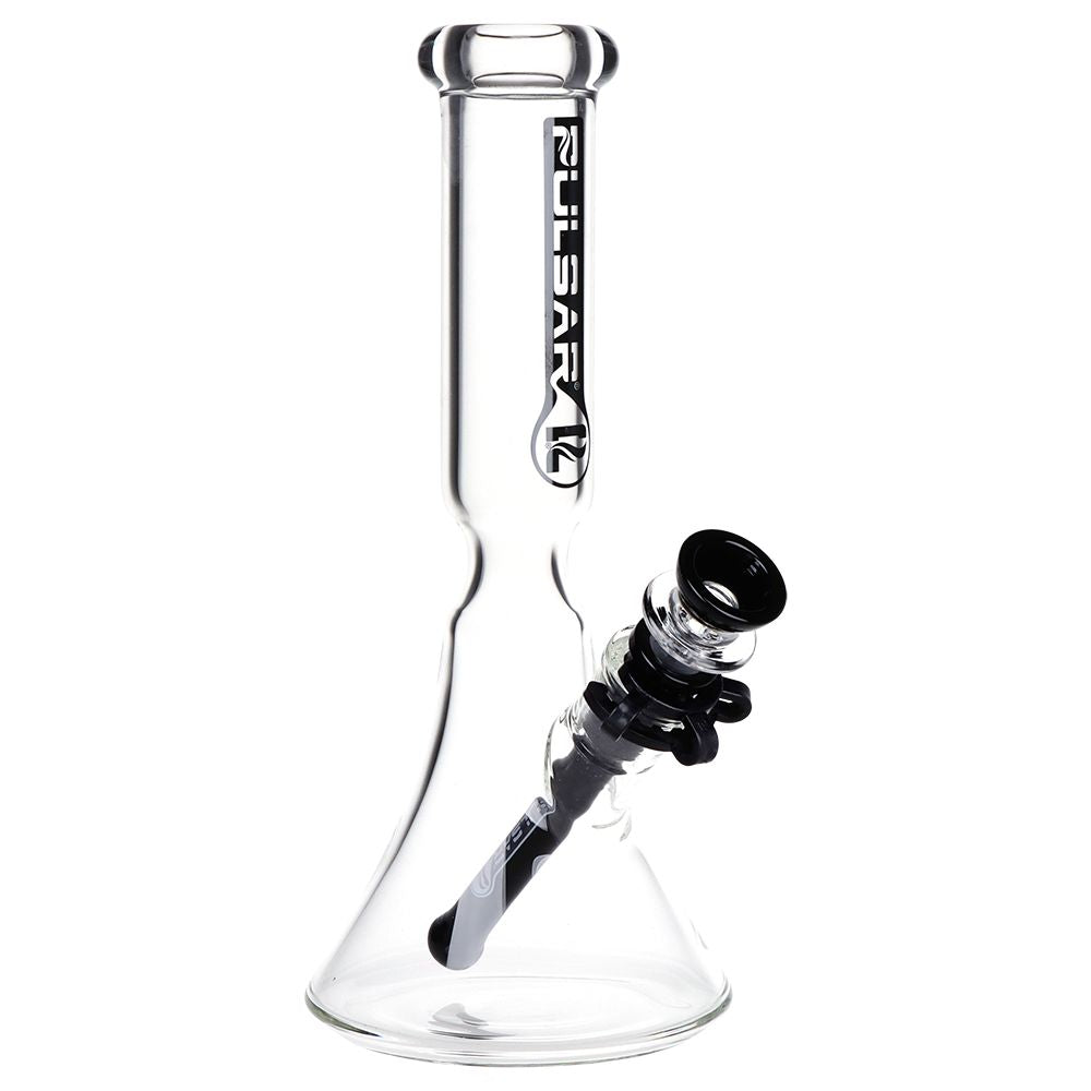 Pulsar flared beaker glass water pipe 9.75 inch with black accents and ice catcher, front view
