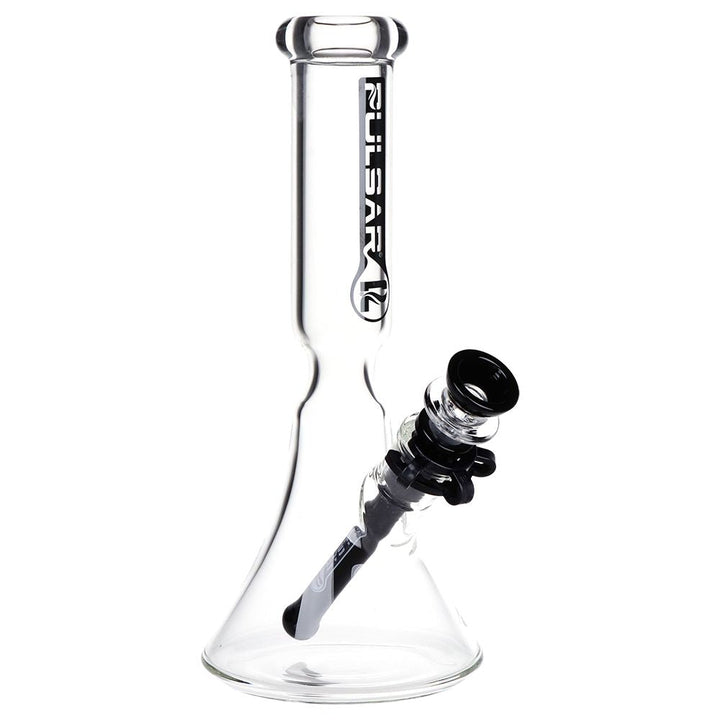 Pulsar flared beaker glass water pipe 9.75 inch with black accents and ice catcher, front view