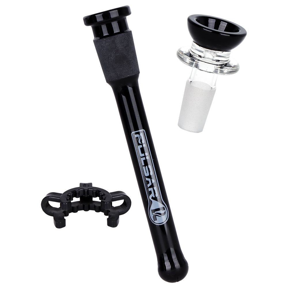 Included accessories: diffuser downstem, 14mm glass herb bowl, and keck clip for the Pulsar flared beaker water pipe
