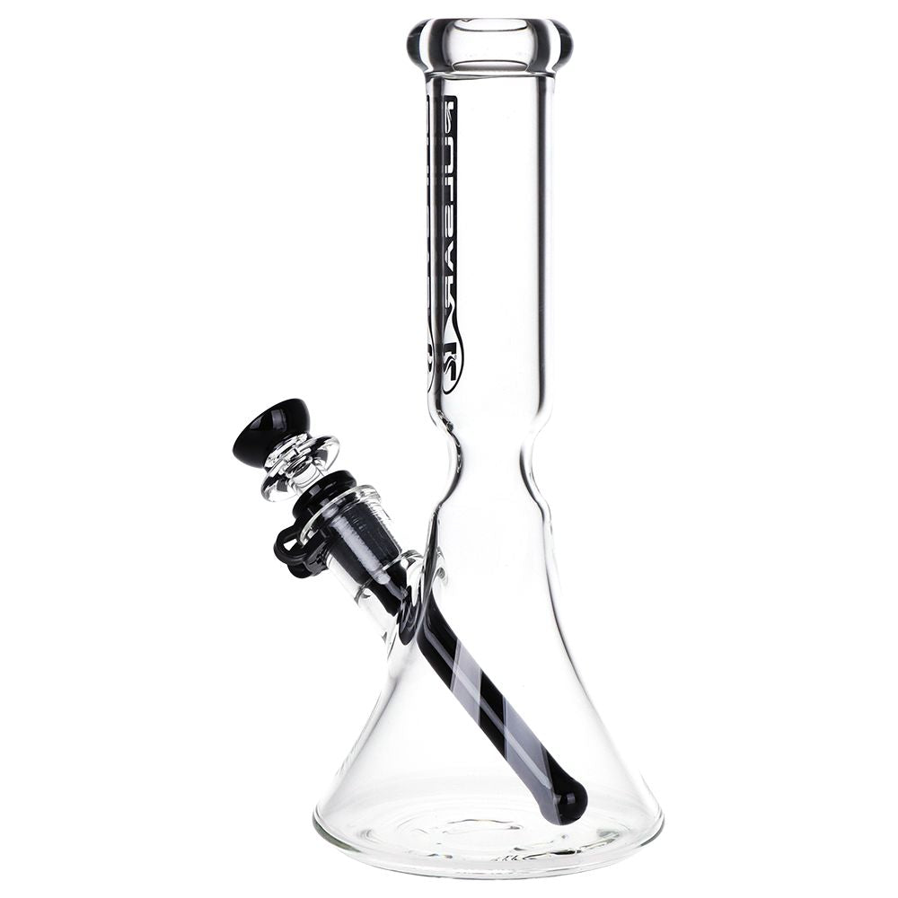 Pulsar flared beaker water pipe side angle view showing flared base and black striped diffuser downstem