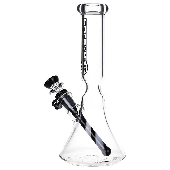 Pulsar flared beaker water pipe side angle view showing flared base and black striped diffuser downstem