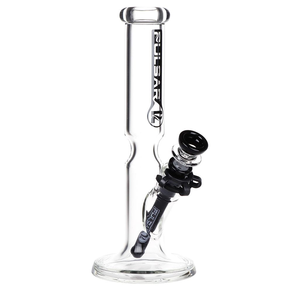 Pulsar flared straight tube glass water pipe 9.75 inch with black accents and ice catcher, front view