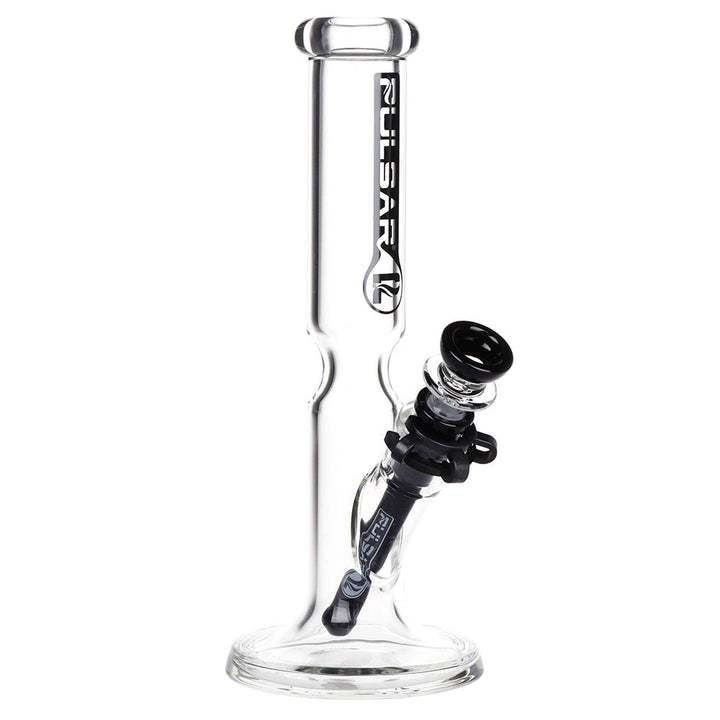 Pulsar flared straight tube glass water pipe 9.75 inch with black accents and ice catcher, front view
