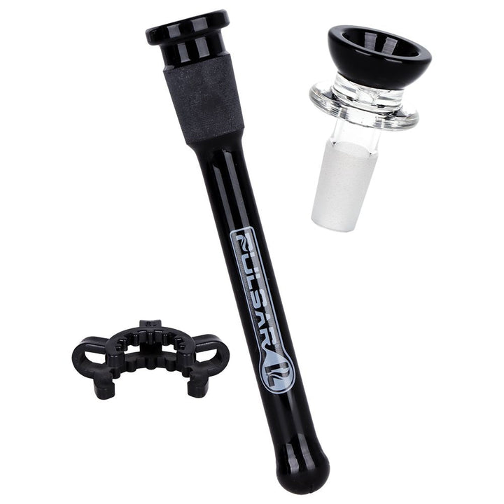 Included accessories: diffuser downstem, 14mm glass herb bowl, and keck clip for the Pulsar flared straight tube water pipe