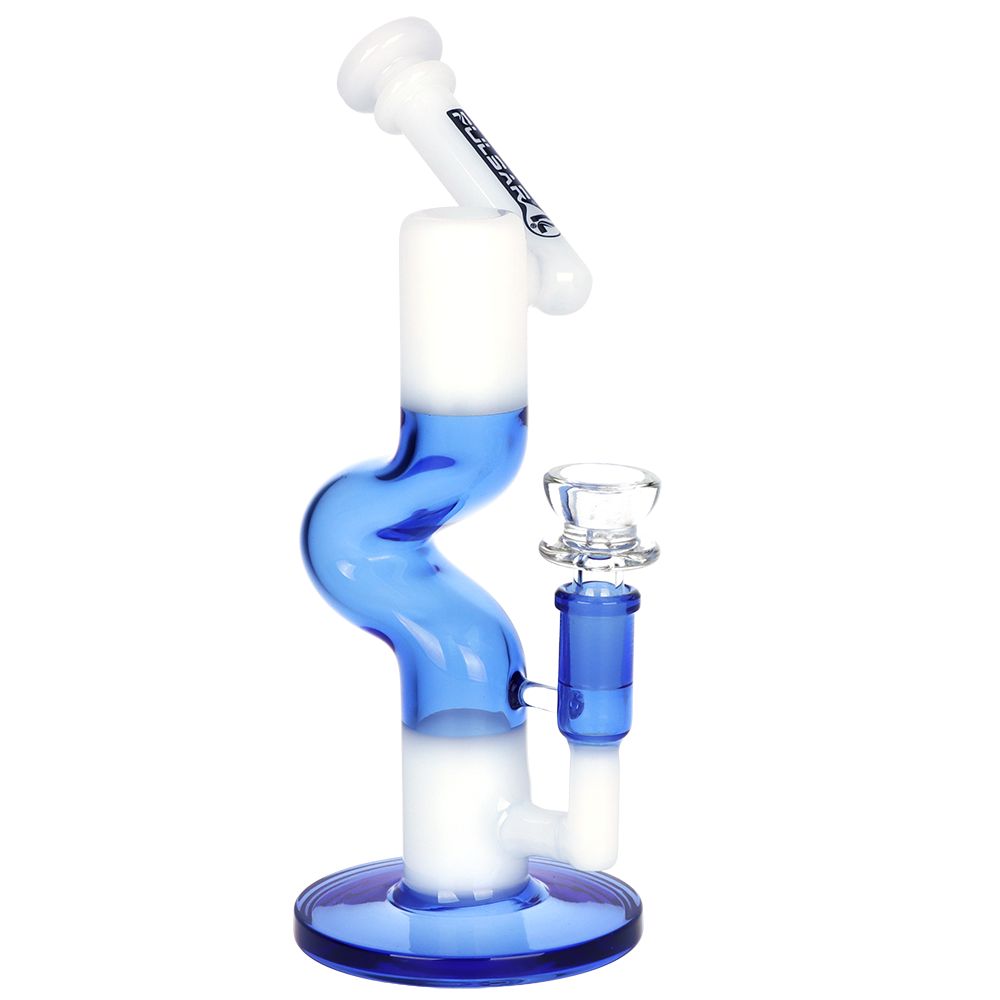 Pulsar two-tone blue and white U-bend glass water pipe with sidecar angled mouthpiece, front view