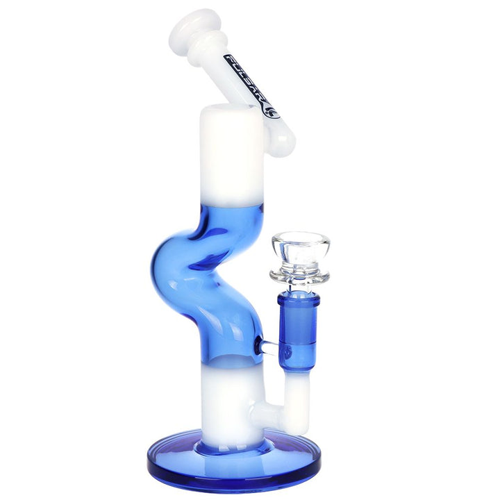 Pulsar two-tone blue and white U-bend glass water pipe with sidecar angled mouthpiece, front view