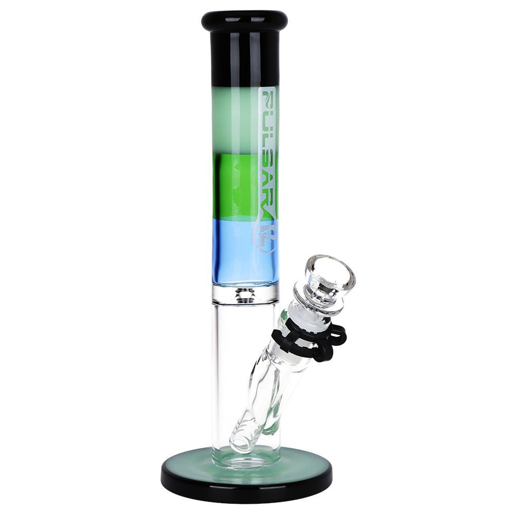 Pulsar four-tone straight tube glass water pipe in black, blue, and green with black base, front view