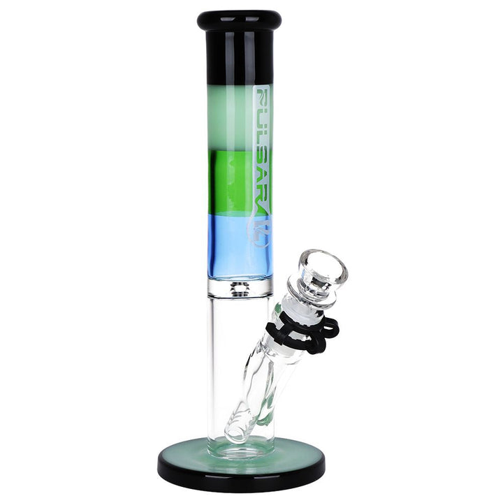 Pulsar four-tone straight tube glass water pipe in black, blue, and green with black base, front view
