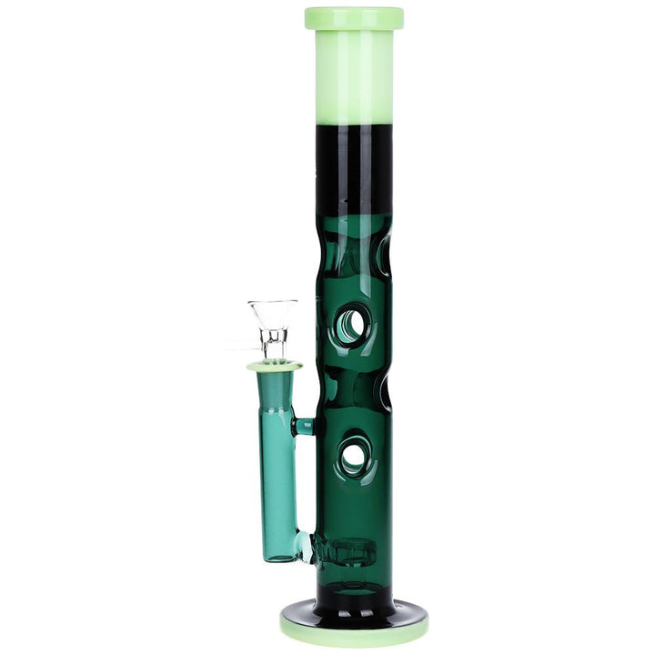 Pulsar Tri-Tone Holey straight tube water pipe in green and black with Swiss holes side arm and circ percolator