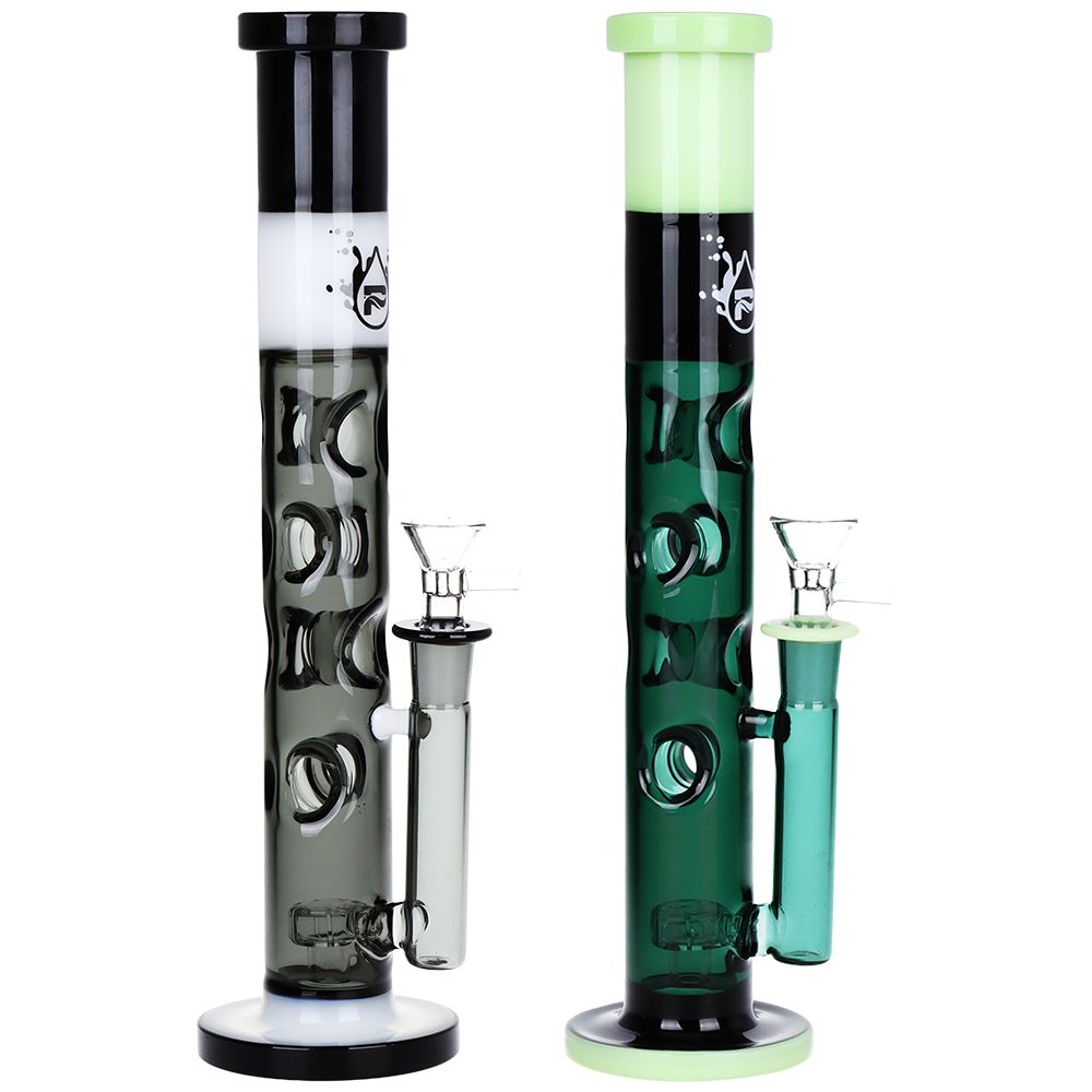 Pulsar Tri-Tone Holey straight tube water pipes 2CT bundle, black/white and green/black colorways shown side by side
