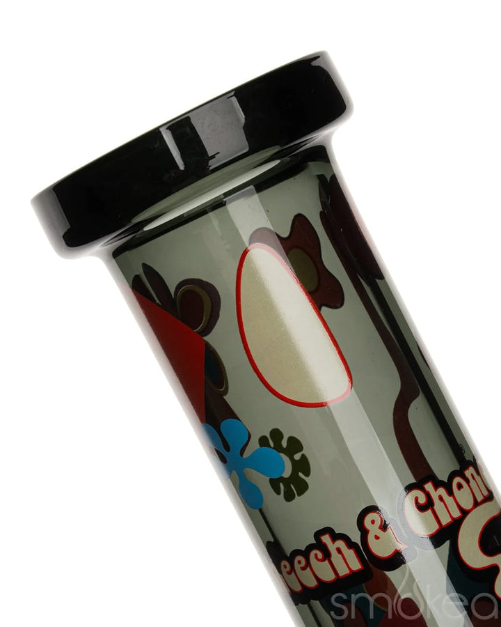 Close-up of Cheech & Chong Power to the Flower bong neck showing retro '70s floral decal detail