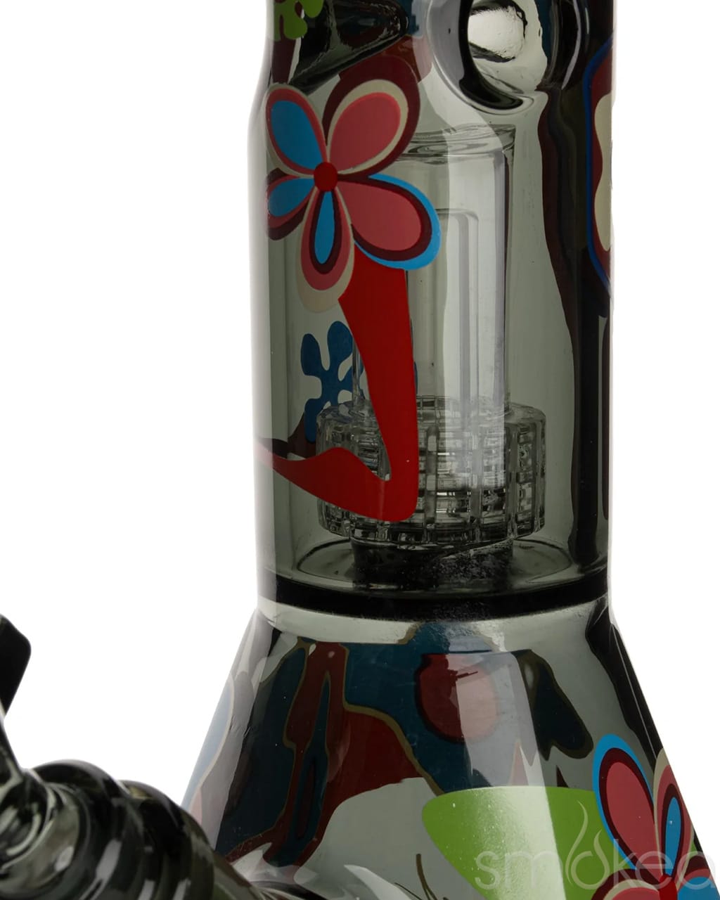 Close-up of Cheech & Chong dual chamber percolator and hex beaker base with floral decal