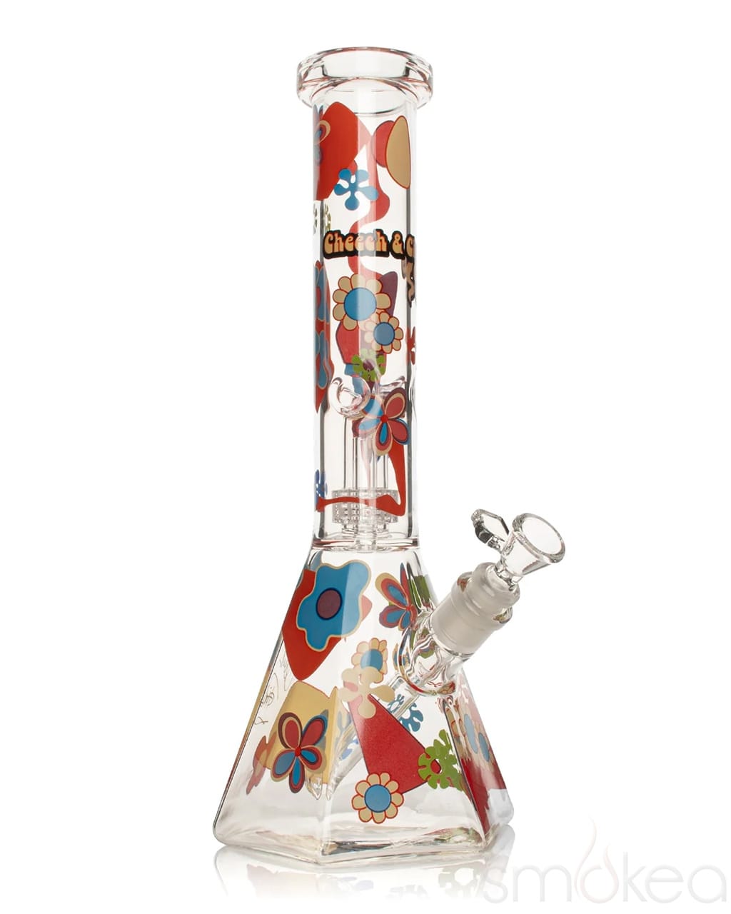 Cheech & Chong 15 inch Power to the Flower dual chamber hex beaker bong in Crystal Clear colorway with retro floral decal