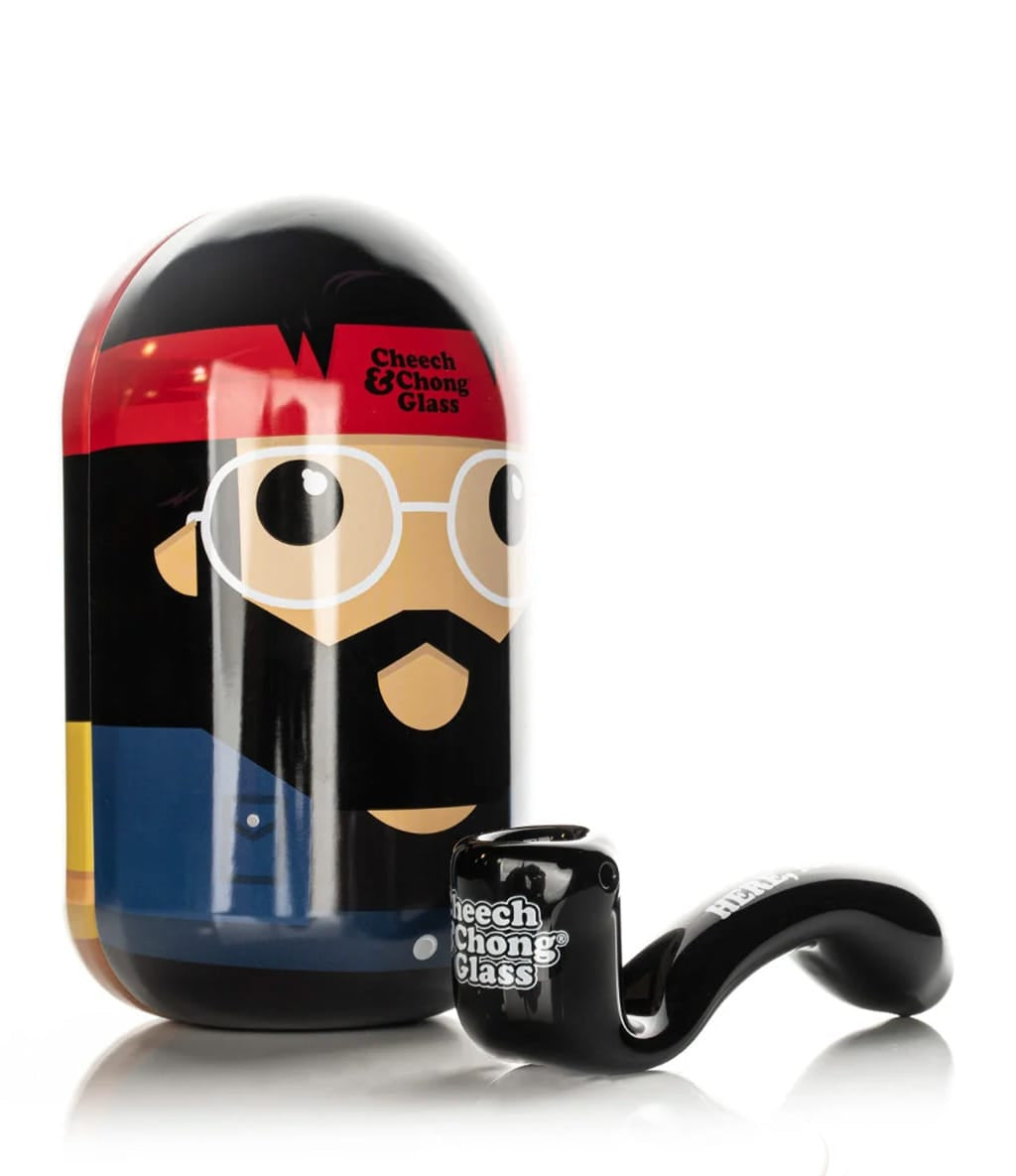 Cheech & Chong 5.5" Dave's Not Here Sherlock hand pipe with its collectible Cheech & Chong Glass tin