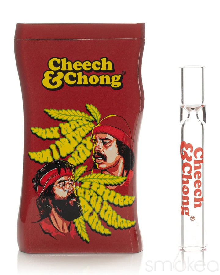 A red Cheech & Chong branded pouch with yellow and black graphic artwork, shown next to a clear glass sample vial with red printed branding on a white background.