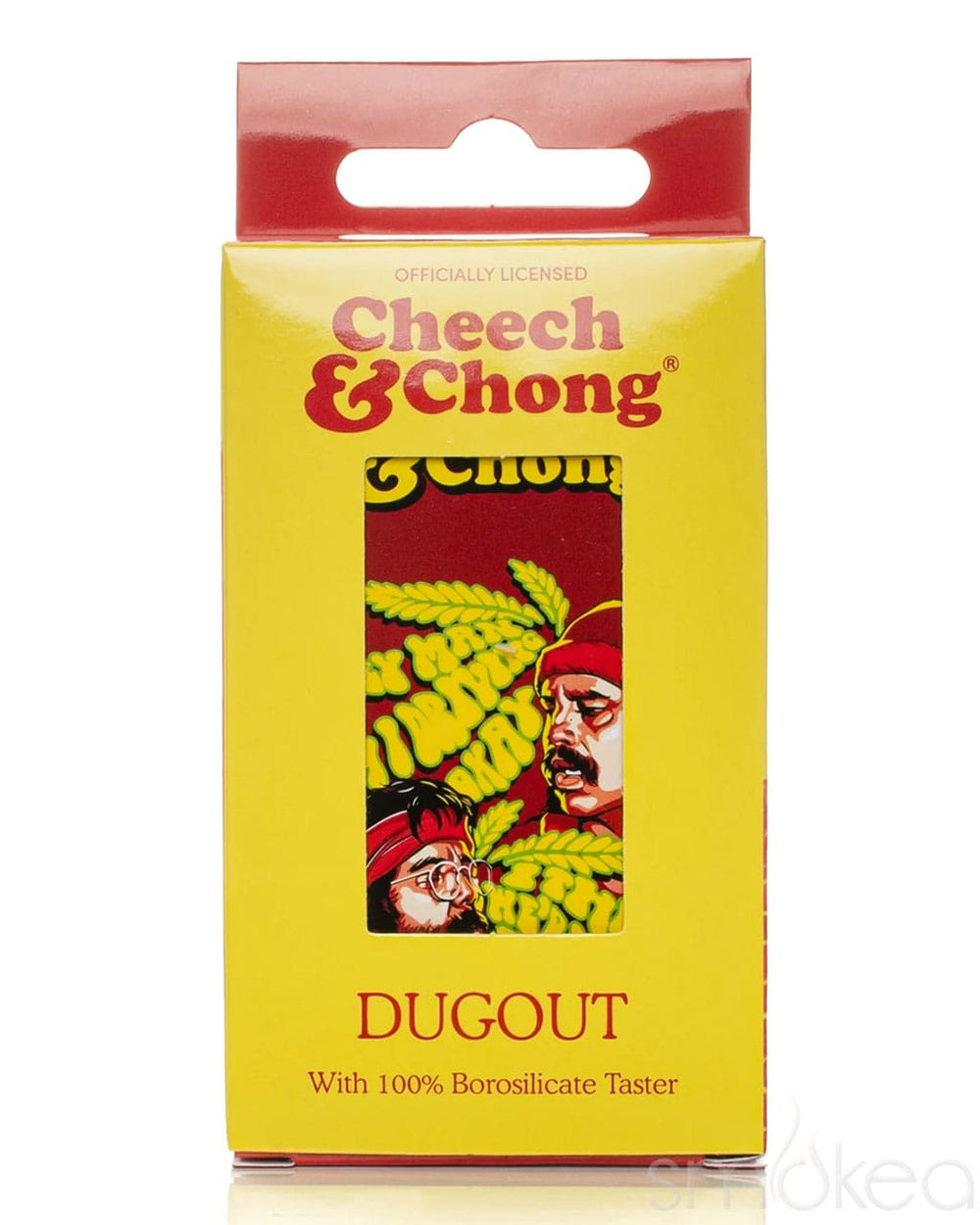 Cheech & Chong Parked Dugout retail packaging box with hanger tab and 100% borosilicate taster label