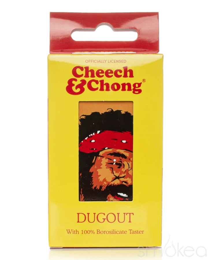 Cheech & Chong Pop Art Dugout retail packaging box with hanger tab and 100% borosilicate taster label