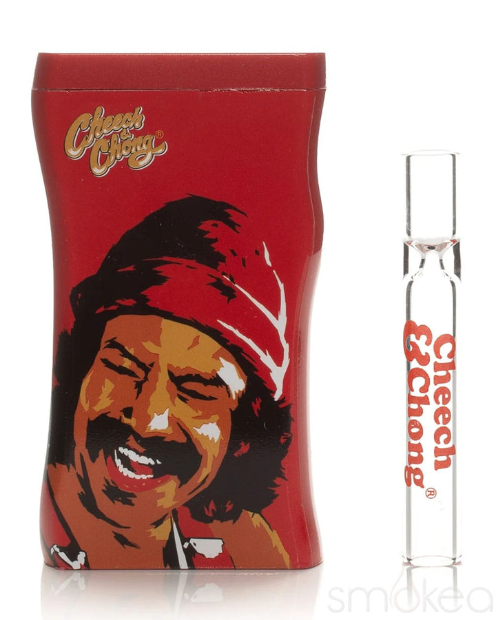 Cheech & Chong Pop Art Dugout featuring Cheech's illustrated portrait, with matching glass one-hitter