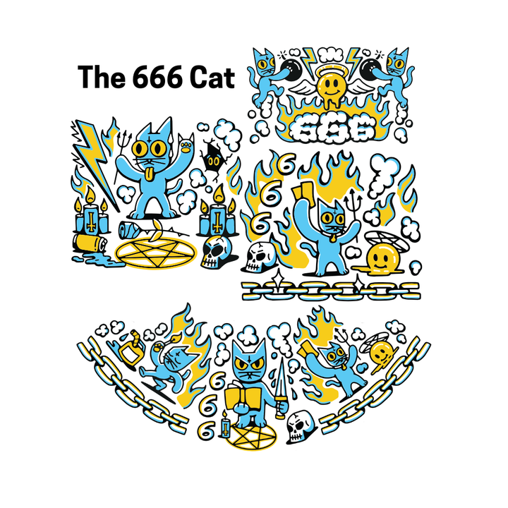 The 666 Cat artwork decal design featured on the Prism 666 Cat Beaker Double Stack bong