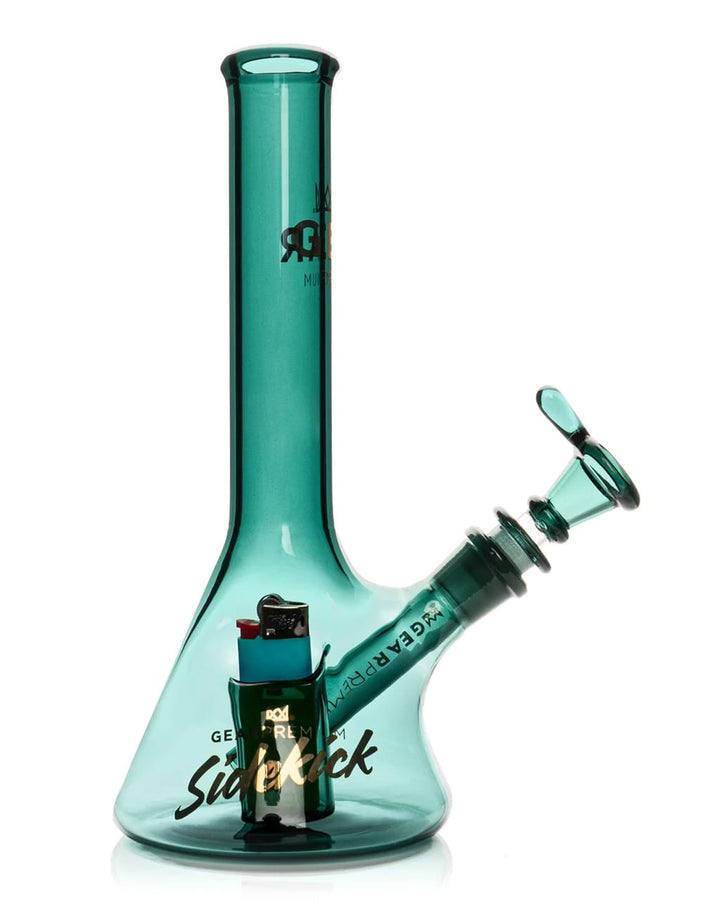GEAR Premium 9" Mini Sidekick bong in teal glass showing gold Sidekick logo detail