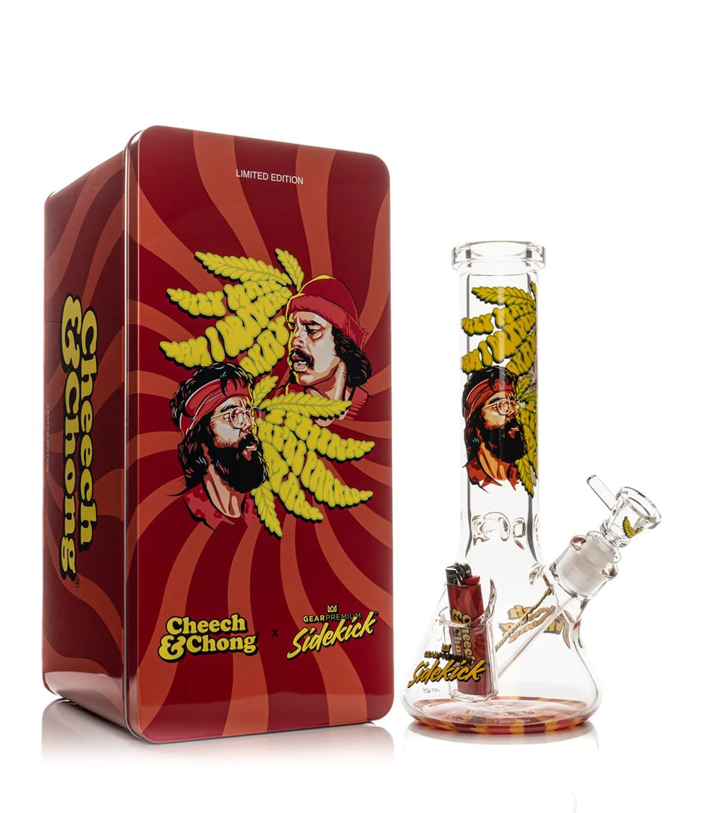GEAR x Cheech & Chong Parked Sidekick bong displayed next to its limited edition collectible tin