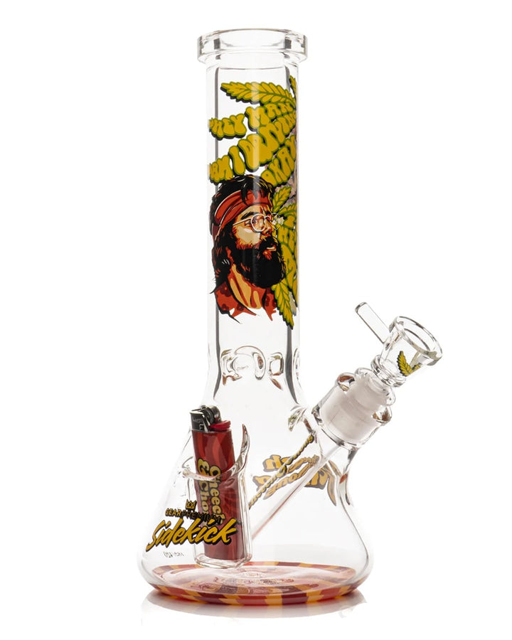 GEAR x Cheech & Chong Parked Sidekick clear glass beaker bong with Cheech Marin artwork and lighter holster