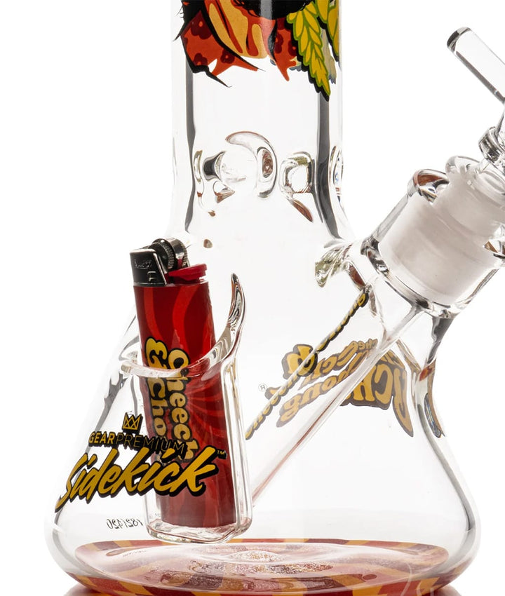 Close-up of the GEAR Parked Sidekick bong's built-in lighter holster with Cheech & Chong logo